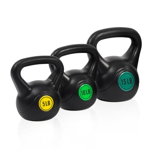 3-Piece Wide Grip Kettlebell Set, 5 10 15 lbs Vinyl Coated Black Weights | 3-Piece Wide Grip Kettlebell Set5/10/15 lbsVinyl Coated Full Body Workout, Durable, for Home Gym Strength Training