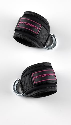 Fitgriff® Ankle Straps V3 for Cable Machine (2 Pieces) - Gym Workout Equipment - Leg Pulley Attachment, Kickback Straps - color: Black/Pink