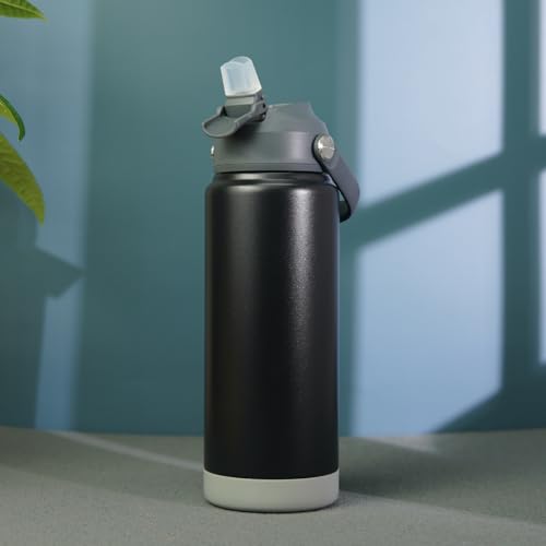 BJPKPK Insulated Water Bottle with Straw Lid, 18oz Thermo Water Bottles with Soft Nozzle, Flex Handle & Non-slip Boot, BPA Free Leak Proof Stainless Steel Metal Thermo, Tumblers, Cups,Black - color: Black, size: 18 Ounces