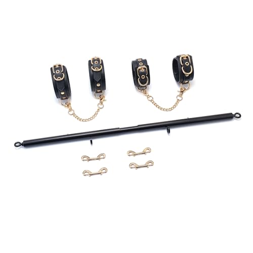 Spreader Bar Heavy Duty Stainless Steel Expandable Silver Bar Home Gym with 4pcs Furry Purple Adjustable Straps,Sports Aid Training Fitness Gear Pilates Aid Kit - style: Black+Black-gold PU Kit