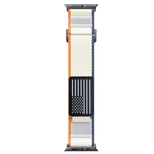 Trail Loop Nylon Band for Apple Watch Ultra 3/2/1 Series 11/10/9/8/7/6/SE/5/4/3/2/1 Men, Elastic Weave Stars-Stripes Flag Strap Compatible with iWatch 49mm 46mm 45mm 44mm 42mm - color: White orange-USA Flag