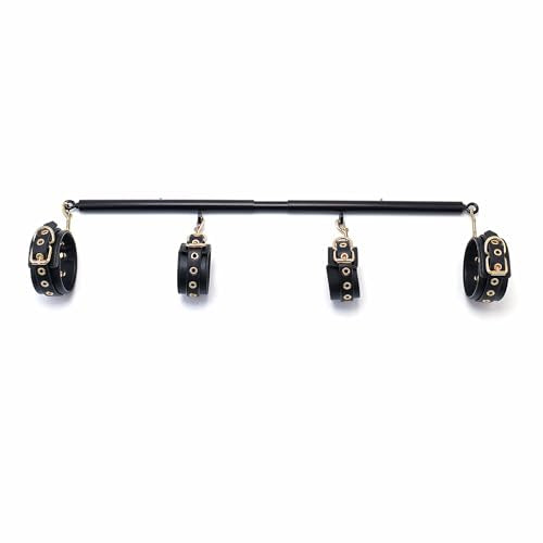 Spreader Bar Heavy Duty Stainless Steel Expandable Silver Bar Home Gym with 4pcs Furry Purple Adjustable Straps,Sports Aid Training Fitness Gear Pilates Aid Kit - style: Black+Black-gold PU Kit