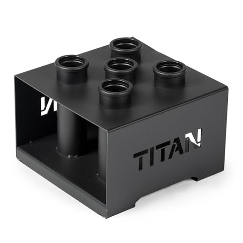 Titan Fitness 5 Barbell Holder, Vertical Olympic Sized Bar Rack, 12" x 12" Compact Floor Unit, Nylon Inserts Protect Sleeves, Organize and Save Space in Home Garage Gym