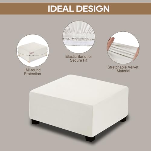NeColorLife Velvet Square Ottoman Cover,Stretchable Footrest Stool Slipcover with Elastic Band for Rectangle and Square Storage Ottoman(Large,Off White) - color: Off White, size: L Length: 35"-45",Width: 31"-43"