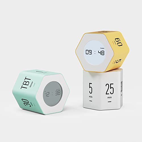 mooas Multi-Hexagon Clock Cube Timer, Digital Clock Time Timer, Pomodoro Timers, Backlit Display 12/24H Mode Count up & Countdown, Rotating Various time presets ideal for Classroom Gym Kitchen (White) - color: White, Mint, Yellow