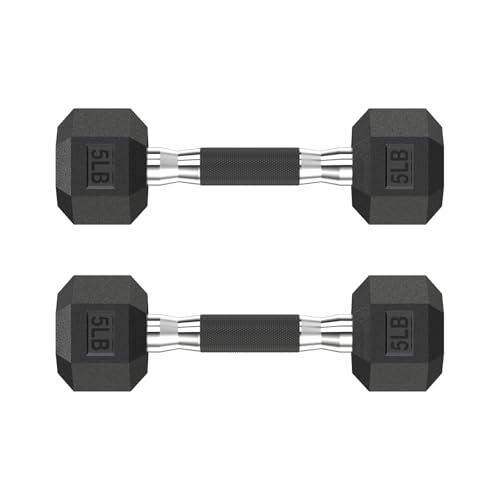 HANDBODE Rubber Encased Hex Dumbbell Pair, 2.5-65 lb | Non-Slip Handle Design for Secure & Comfortable Grip, Hand Weights for Strength Training, Fitness & Home Gym - size: 5 lb, Pair, style: Comfort Grip