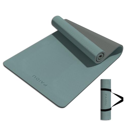 PAIDU Yoga Mat 8mm TPE Non‑Slip Fitness Mat with Strap for Home Workouts | SGS Certified, Odorless, Tear‑Resistant, Unisex, for Yoga, Pilates, Meditation, Home & Gym Workouts - color: Deepgreen&Gray
