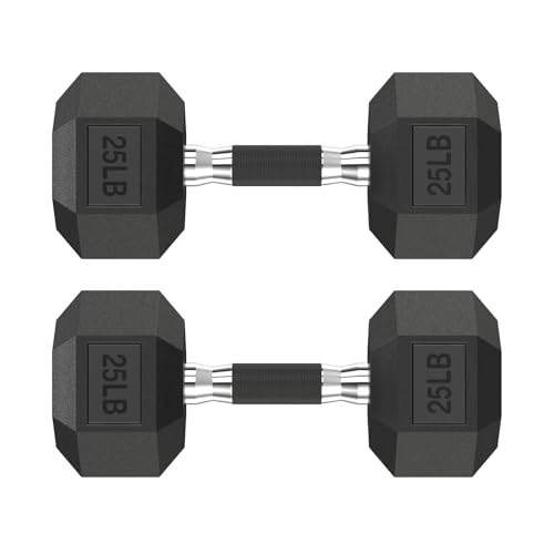 HANDBODE Rubber Encased Hex Dumbbell Pair, 2.5-65 lb | Non-Slip Handle Design for Secure & Comfortable Grip, Hand Weights for Strength Training, Fitness & Home Gym - size: 25 lb, Pair, style: Comfort Grip