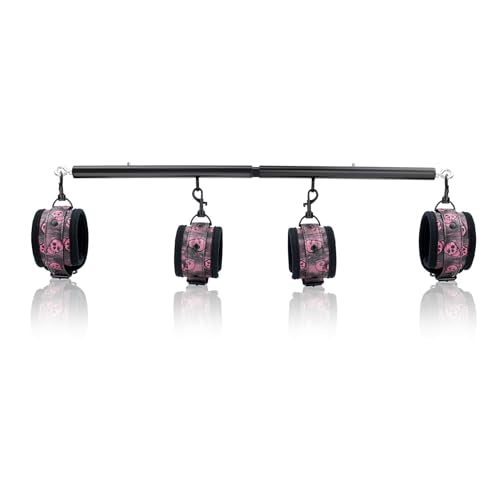 Spreader Bar Heavy Duty Stainless Steel Expandable Bar Home Gym with 4pcs Furry Crocodile Adjustable Strap,Sports Aid Training Pilates Aid Kit,Indoor Yoga Set - style: Black+Black-Pink PU Kit