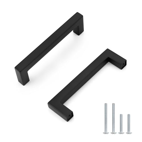 Probrico 5 Pack Black Kitchen Cabinet Pulls,Stainless Steel 3.75inch Hole Center Kitchen Cabinet Handles,Square Corner Bar Black Dresser Drawer Pull Handles - color: Black, size: Hole Center: 96mm(3.75inch)