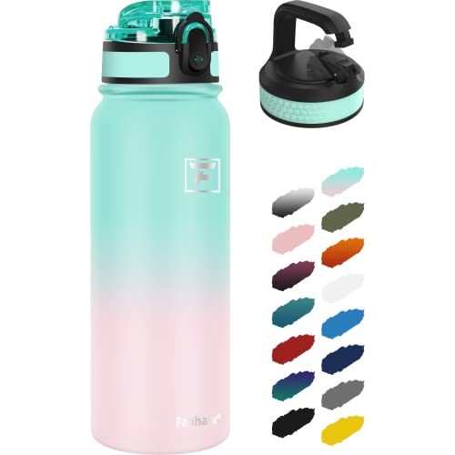 Fanhaw 20 oz Insulated Stainless Steel Water Bottle with Anti-Dust Chug Lid & Carabiner Lid, Leakproof Vacuum Metal Bottle for Kids, Teens & Adults, Back to School Essentials (Green Pink) - color: Green Pink, style: 20 Ounces - 2 Lids