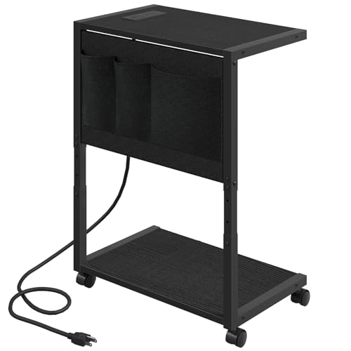 YATINEY PC Stand, Computer Tower Stand with Charging Station, Height Adjustable PC Tower Stand for Floor, 2 Tier Computer Cart On Wheels, 23.1"-29" H,19.7" L x 11" W, for Home Office, Black CJ60BB - color: Black