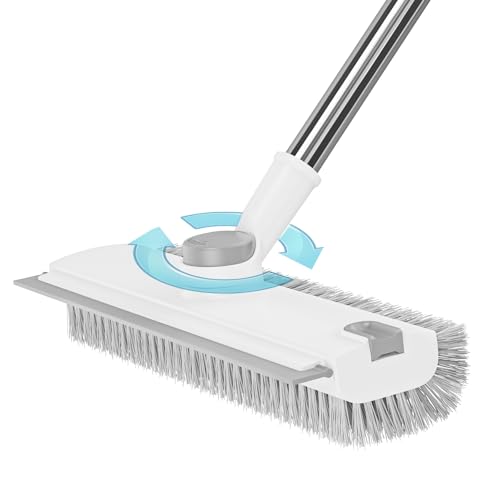3 in 1 Floor Scrub Brush with Long Handle & Squeegee | Heavy-Duty, Adjustable, 360° Rotating Head for Cleaning Tile Bathroom Deck Kitchen Patio, White - color: White