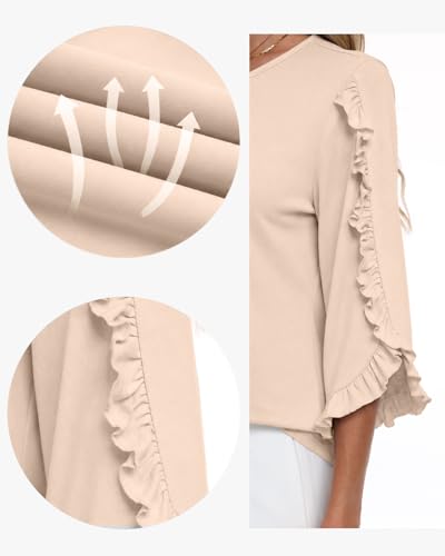 3/4 Length Sleeve Womens Tops Crewneck Ruffle Sleeve Shirts Dressy Casual Blouse Summer Fall Fashion Business Outfit - color: Apricot, size: Large