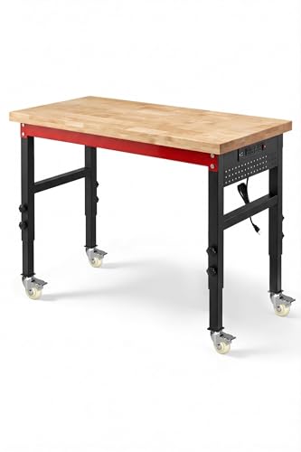 48" Heavy Duty Workbench, 2500 LBS Load Capacity Work Bench with 1.2" Laminated Oak Wood Top & Reinforced Steel Frame, Adjustable Height Work Table for Garage, Workshop, Office, Home (Casters) - size: 48"丨Casters