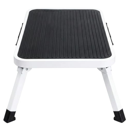 Heavy Duty Metal Step Stool, 15-Inch Portable Folding Step Platform with Non-Slip Surface, Compact Car Wash Stool for RV, Home, Kitchen and Outdoor Use, Black and White