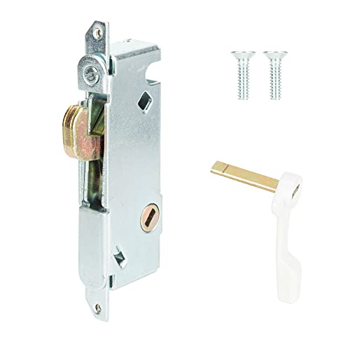 Mortise Lock with White Latch Lever, Adjustable Spring-Loaded Hook Latch Projection for Sliding Patio Doors, 45 Degree Angle Keyway, Fits 3-11/16” Hole Spacing, Round-End Faceplate - color: White, size: Mortise Lock+Latch Lever