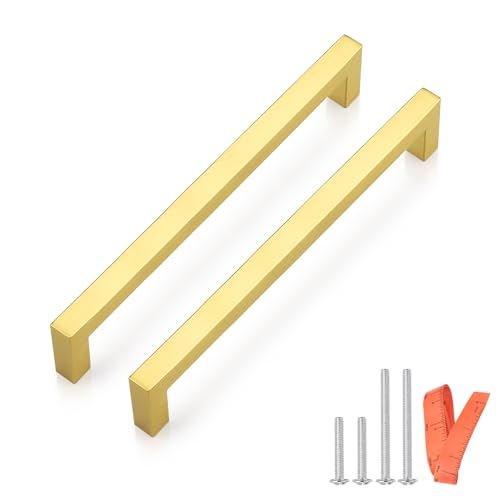 Probrico 5 Pack Square Gold Kitchen Cabinet Pulls 7.5 Inch Stainless Steel Brushed Brass Cabinet Handles Square Corner Bar Polished Gold Dresser Drawer Pull Handles Total Length 8Inch - color: Gold, size: Hole Center: 192mm(7.5inch)