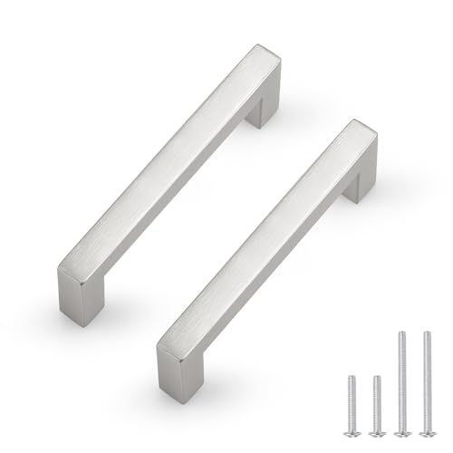 Probrico 5 Pack Hole Centers 3.75inch Brushed Satin Nickel Kitchen Cabinet Handles,Stainless Steel Drawer Pulls,Square Corner Bar Dresser Pull Handle 4-1/4inch Length - color: Brushed Nickel, size: Hole Center: 96mm(3.75inch)