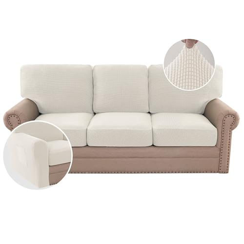 H.VERSAILTEX Multi-Pieces Sofa Covers Stretch Couch Covers Form Fitted Seats and Back Cushions Covers (3 Seat Covers Plus 3 Back Cusion Covers, Bonus 2 Armrest Covers), Ivory - color: Ivory, size: 3 SEAT COVERS + 3 BACK COVERS+ 2 ARMREST COVERS