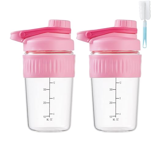 16oz Glass Shaker Bottle for Protein, 2 Pack Small Borosilicate Glass Protein Powder Leak-Proof Shaker Cup Mixes with 304 Blending Ball(16oz,Pink) - color: 2 Pack-Pink, size: 16oz