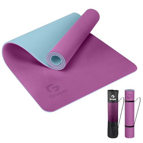 Gruper Yoga Mat Non Slip, Eco Friendly Fitness Exercise Mat with Carrying Strap,Pro Yoga Mats for Women,Workout Mats for Home, Pilates and Floor Exercises - color: Purple / Teal, size: 0.24*24*72 Inches