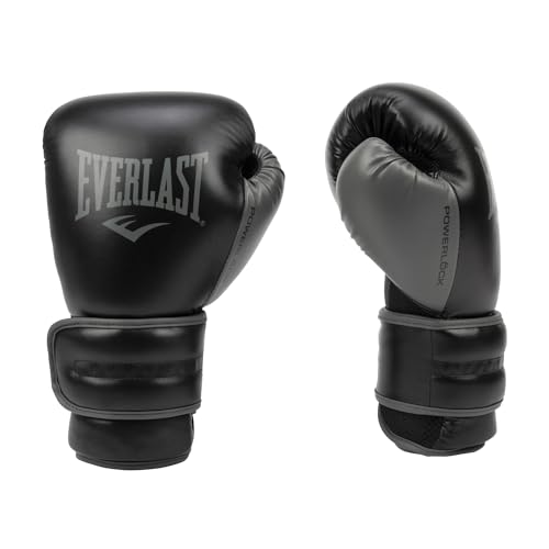 Everlast Powerlock 2 Hook & Loop Boxing Gloves | Fight Training Gloves | Hook and Loop with Durable Hand & Wrist Support | Heavy Bag & Fitness Training - color: Black / Gray, size: 14 oz