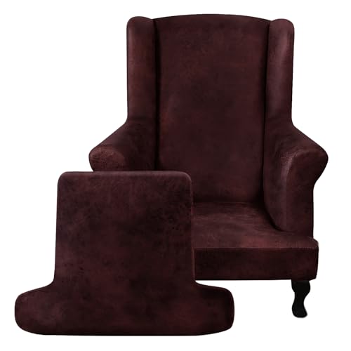 ANARACHON Leather Look Wingback Chair Covers, 2-Piece Wing Chair slipcover,Stretch Wing Back Armchair Slipcovers with Elastic Bottom, Soft Spandex Furniture Protector for Living Room (Red) - color: Red