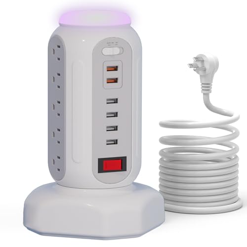 Multiple Outlets Power Strip Tower with Colorful Nightlight, 15 AC Outlets and 6 Fasting USB Ports, 6.5ft Extension Cord, 900J Surge Protector with Outlet Overload Protection for Home, Office (White) - color: White -PD 20W