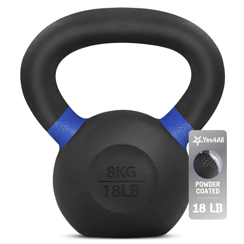 Yes4All Powder Coated Kettlebell, Cast Iron Core Kettlebells with Non-Slip Handle & Flat Bottom for Conditioning, Heavy Duty for Strength Training, 9lb to 71lb - Single & Pair - color: Dark Blue, style: A. Single