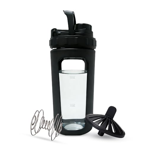 26oz Glass Protein Shaker Bottle, Stainless Steel Mixing Ball & Silicone Sleeve, Odorless, Leak-Proof, BPA-Free, Ideal for Smoothies & Workout Drinks (Graphite Black) - color: Graphite Black
