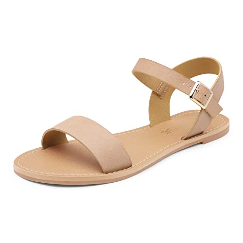 DREAM PAIRS Women's Ankle Strap Flat Sandals Open Toes One Band Buckle Summer Dressy Sandals - color: Nude, size: 8.5