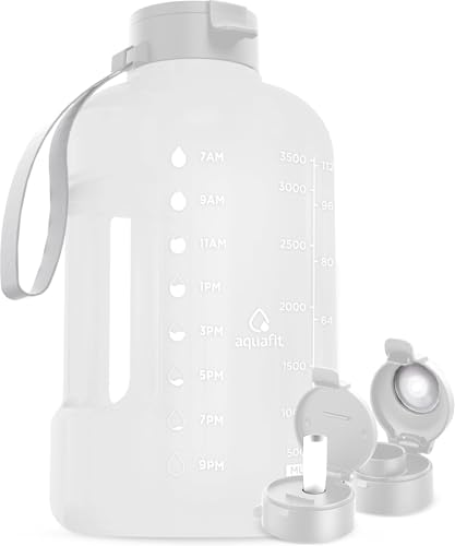 AQUAFIT 1 Gallon Water Bottle with Time Marker | BPA Free 128 oz Water Bottle with Straw and Chug Lids - Leakproof Gym Water Bottle with Carry Handle (Frosty) - color: Frosty, style: 128 oz - 2 Lids