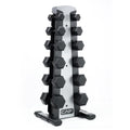 CAP Rubber Coated Hex Dumbbell Set with Storage Rack | 100–210 lb Options, Space-Saving Vertical Compact Storage for Home Gym Strength Training - size: 210 lb - Set - Silver Rack, style: Black Handle