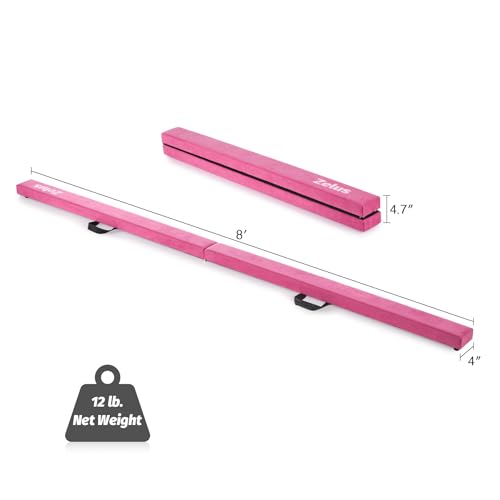 ZELUS 8' Folding Gymnastics Balance Beam, Floor Balance Beam w/Carry Handles Anti-Slip Base for Kids, Beginners & Professional Gymnasts - color: Pink