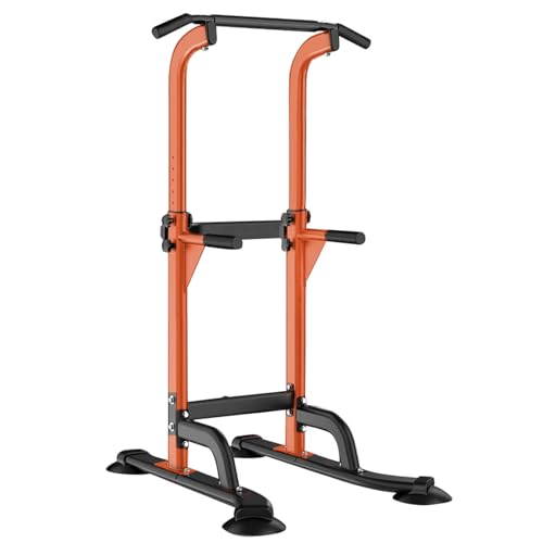 SogesHome Power Tower Pull Up Bar and Dip Station, Height Adjustable Dip Stand Exercise Machine for Home Gym, Multi-Functional Free Standing Strength Training Fitness Workout Station - color: Orange