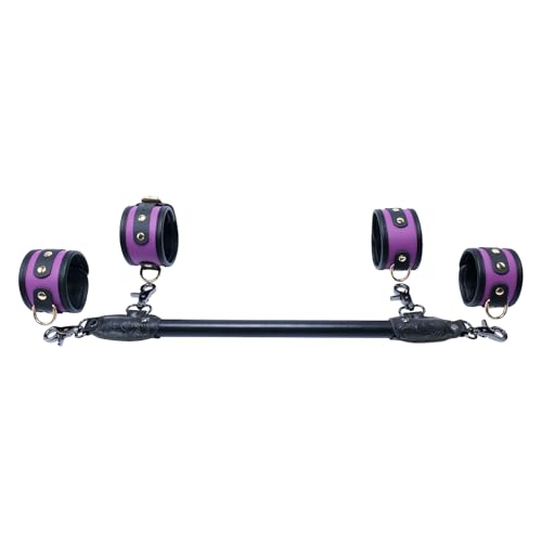 Wooden PU Spreader Bar with 4pcs PU Adjustable Straps,Workout Bar for Home Gym Training Bar,Portable Detachable Pilates Kit - style: Embossed Black+PU Purple Kit