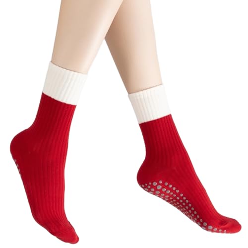 Verdancy Yoga Pilates Socks with Grips for Women Striped Cushioned Non Slip Crew Socks for Barre Ballet Dance - color: White/Red