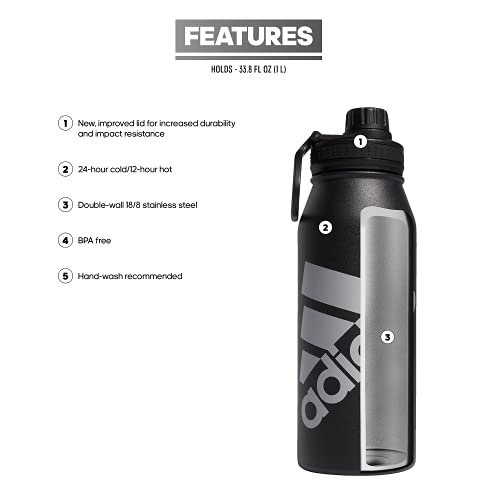 adidas Stainless Steel Metal Water Bottle 34 oz (1L) Screw Cap - color: Black/Silver Metallic
