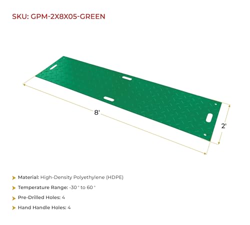 Mytee Products 2' x 8' Green Ground Protection Mats with Double Sided Diamond Plated Tread Design - High Density Polyethylene Mat, Easily Supports 50 Ton Loads on Lawns, Dirt, and Any Other Areas - color: Black, size: 1 - Pack