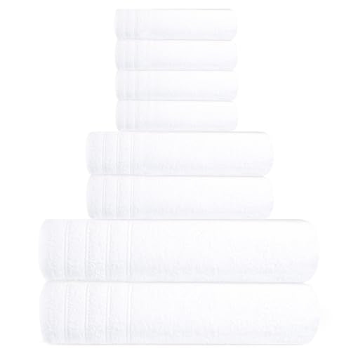Tens Towels Pack of 8 Towels Set, 2 Extra Large Bath, 2 Hand, 4 Washcloths, 100% Cotton, Lighter Weight, Quicker to Dry, Super Absorbent, Perfect for Bathroom, White - color: White