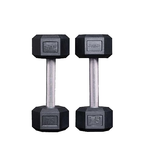 Rep Fitness Rubber Hex Dumbbell(s) - Singles (55LB +) and Pairs (5LB - 50LB) - Low Odor, Fully Knurled Handle - style: 7.5 LB Pair