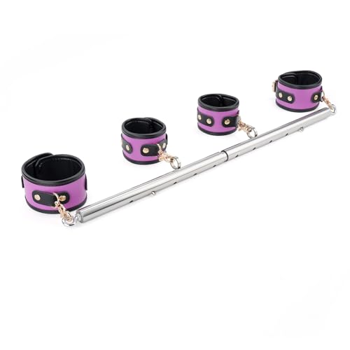 3 in 1 Heavy Duty Stainless Steel Expandable Spreader Bar with 4pcs PU Rose-Gold Adjustable Straps,Workout Bar for Home Gym Training Bar,Portable Detachable Pilates Kit - style: Silver+Purple PU Kit