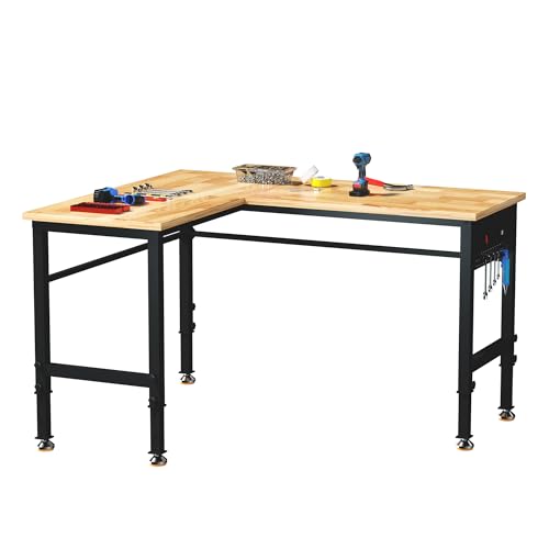 Betterhood Adjustable L-Shaped Workbench, Rubber Wood Top Heavy Duty Workstation with Power Outlets, 2000 LBS Load Capacity Hardwood Worktable for Workshop, Garage, Office, Home, Commercial - size: L Shape/Rubber Pad/Power Outlets/Ruler/57.1"x47.2"