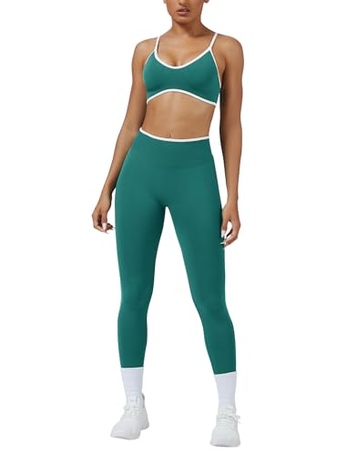 ABOCIW Womens 2 Piece Workout Sets Seamless Color Block Sports Bra Scrunch Butt Lifting High Waist Leggings Gym Set - color: Green, size: Small