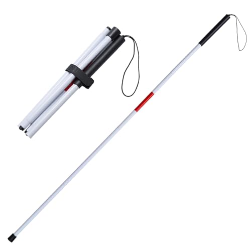 Foldable White Cane(Blind Cane) with Red Reflective Strip, 49 Inch Lightweight Walking Stick for Vision Impaired, Anti-Slip Handle for Daily & Travel Use