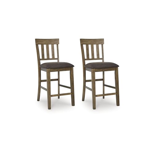 Signature Design by Ashley Wood Counter Height Bar Stools, Set of 2, Brown | Wipeable faux leather seat on sturdy wood frame, Farmhouse style ideal for 35-37 in kitchen islands, Vallister Series - color: Light Brown, style: Barstool