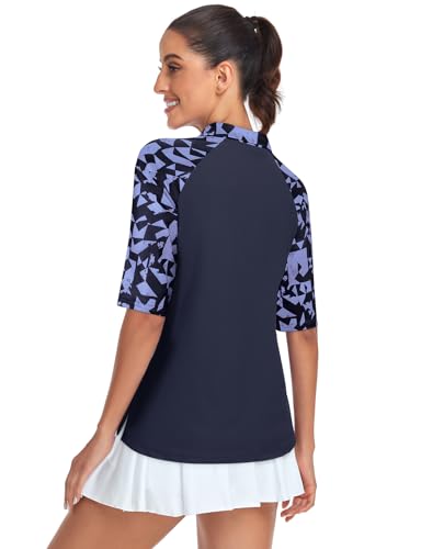 Cucuchy Womens Golf Shirt Half Sleeve Quarter Zip Polo Tennis Shirts Workout Tops - color: B-geometry Black, size: XX-Large