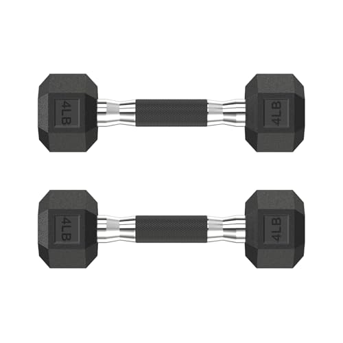 HANDBODE Rubber Encased Hex Dumbbell Pair, 2.5-65 lb | Non-Slip Handle Design for Secure & Comfortable Grip, Hand Weights for Strength Training, Fitness & Home Gym - size: 4 lb, Pair, style: Comfort Grip