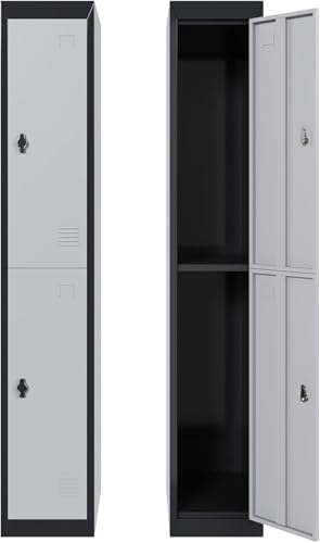 72" Tall 2 Door Metal Locker with Key, Heavy Duty Steel Storage Cabinet with Shelves, Lockable Employee Locker for School, Office, Gym, Home, Garage, Grey & Black - size: 2 Door